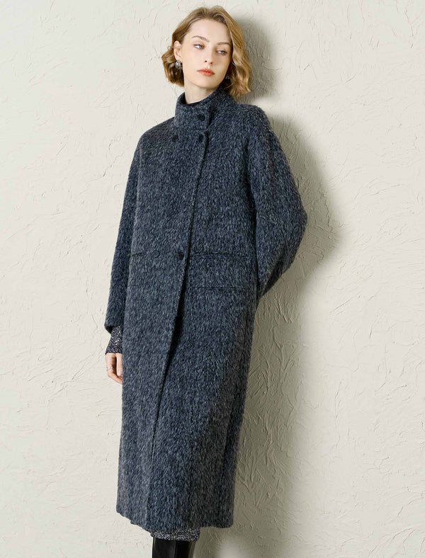 Textured Wool-Alpaca Blend Stand Collar Long Coat