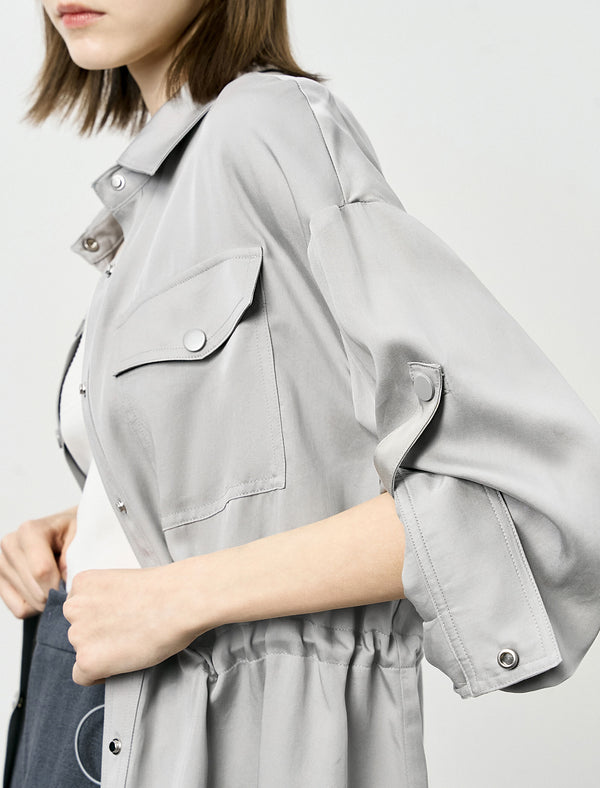 Gray Tencel Waist-Defining Mid-Length Shirt Cardigan