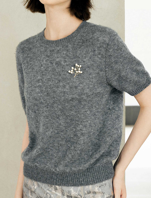 Wool Blend Pearl Brooch Short Sleeve Sweater