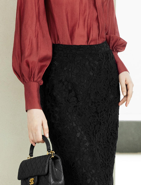 Lace Back Slit Midi Skirt