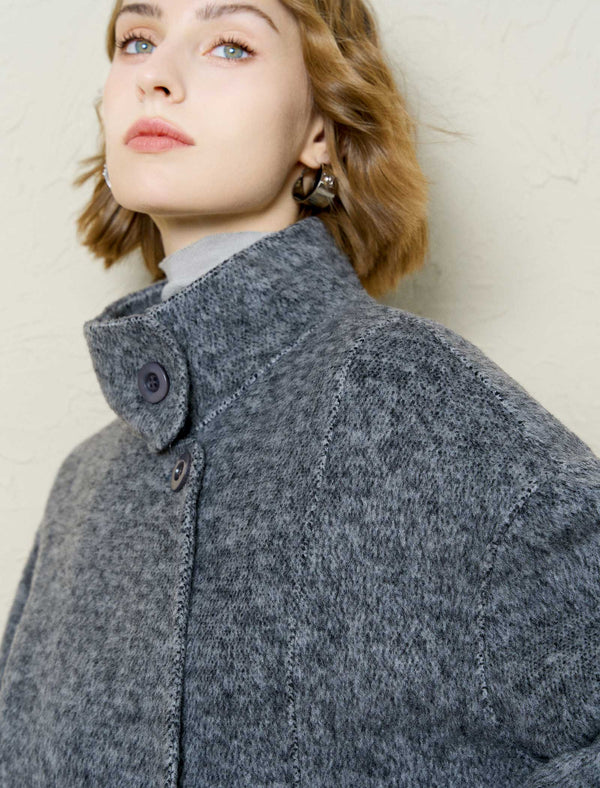 Wool-Alpaca Blend Stand Collar Textured Coat