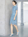 Light Blue Floral Lace Collared Short Sleeve Shirt Midi Dress