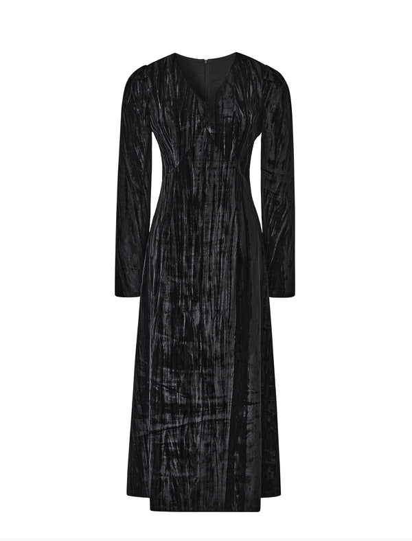 Black Velvet V-Neck Long Sleeve Maxi Dress