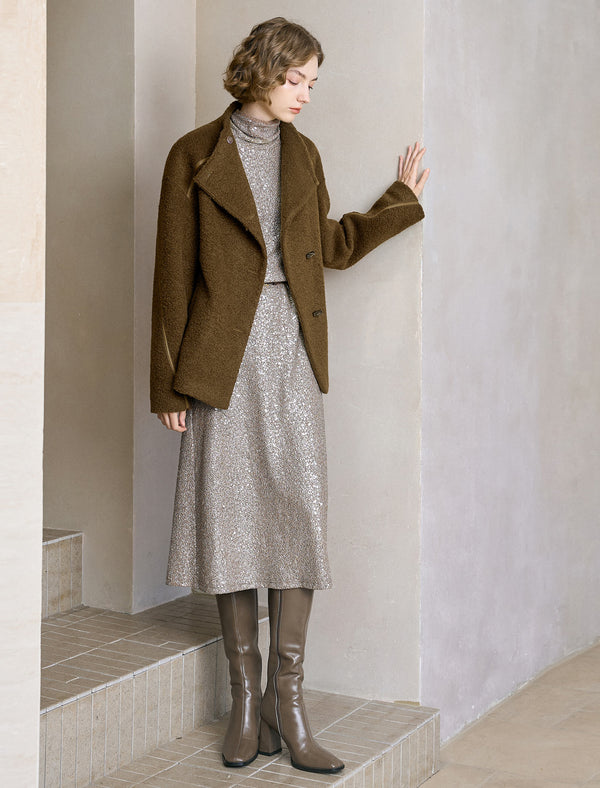 Teddy Fleece Wool-Blend Stand Collar Toggle Jacket