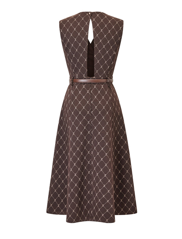 Brown Plaid V-Neck Belted Sleeveless Midi Dress