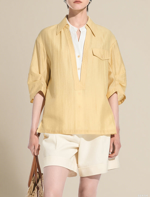 Fake Two-Piece Half-Placket Collared Blouse