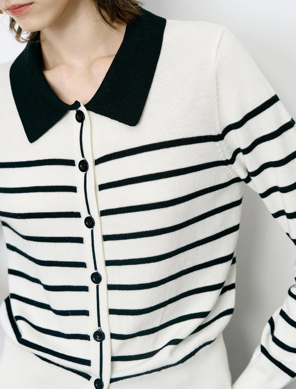Striped Lapel Slim Fit Long-Sleeve Knit Sweater
