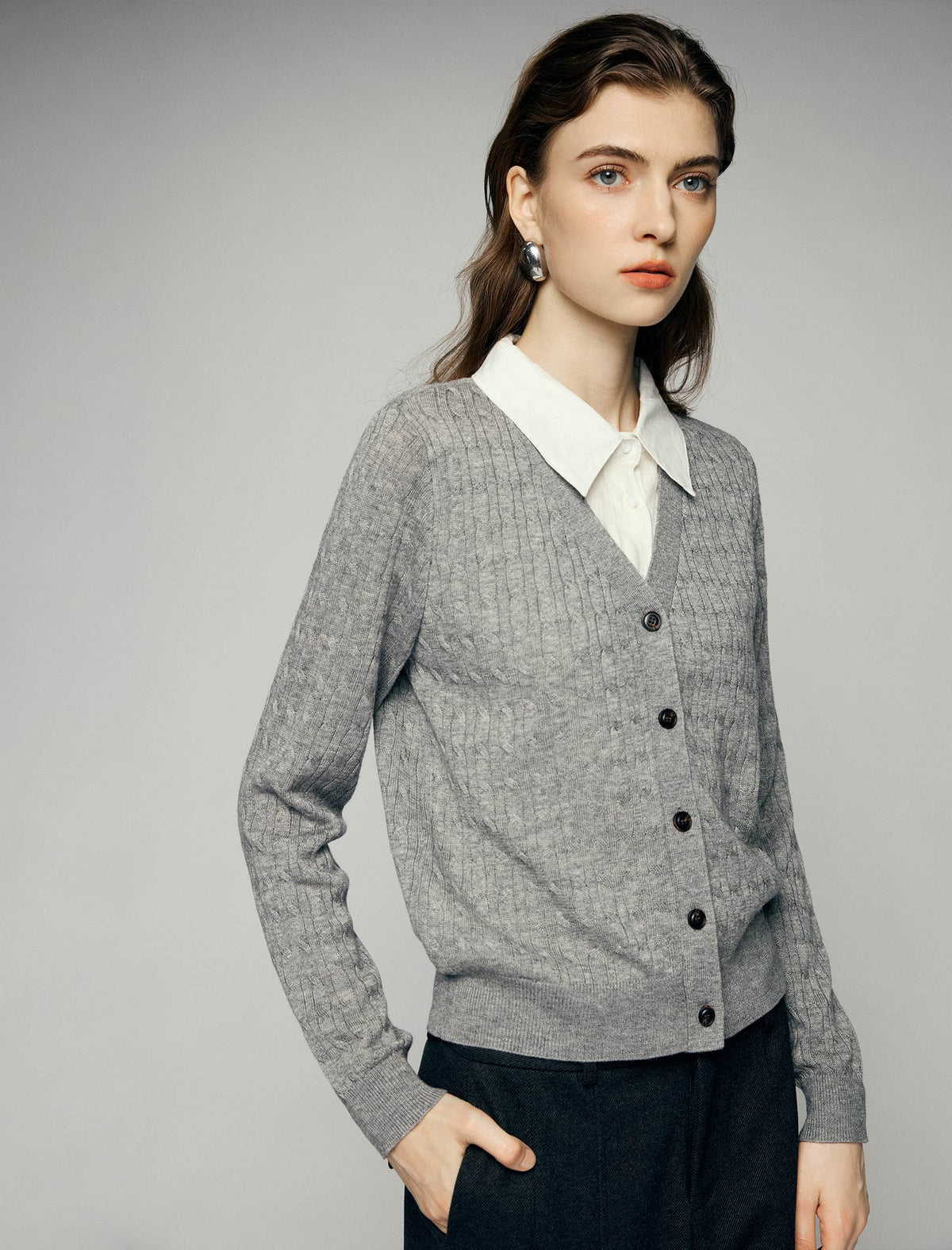 Wool Blend Cable-Knit V-Neck Button-Front Cardigan
