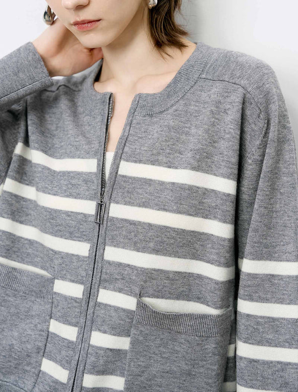 Striped Zipper Short Knit Cardigan