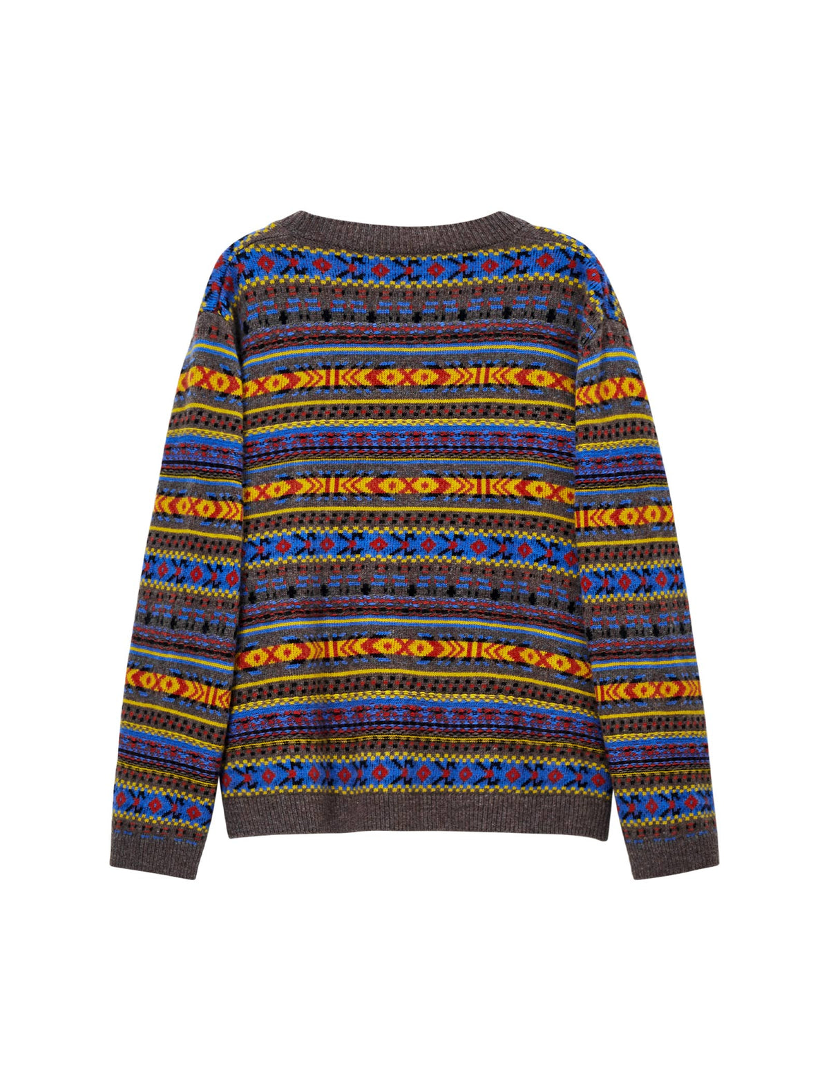 Wool Blend Fair Isle Patterned V Neck Knit Cardigan