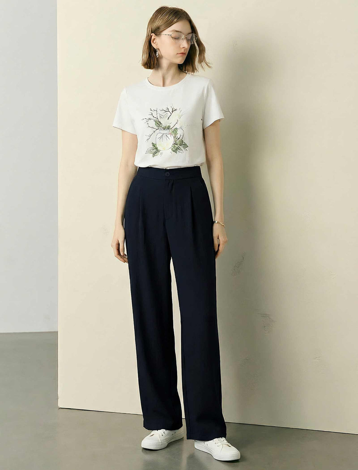High Waist Pleated Linen Blend Wide Leg Straight Pants