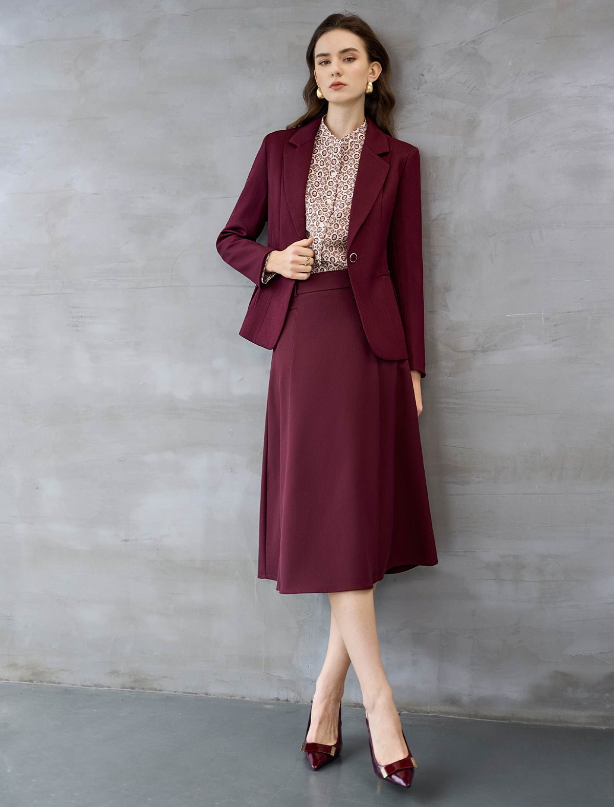 Burgundy High Waisted A Line Midi Skirt
