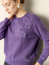 Wool Blend Floral Beaded Accents Crewneck Sweater