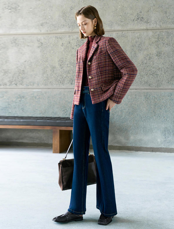 Wool Red Plaid Lapel Short Coat