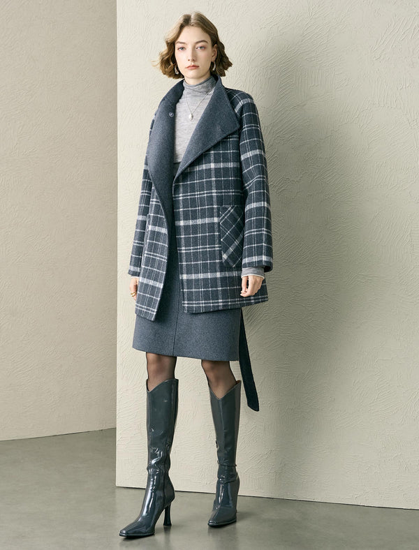 Grey Plaid Wool-Blend Self-Belt Coat