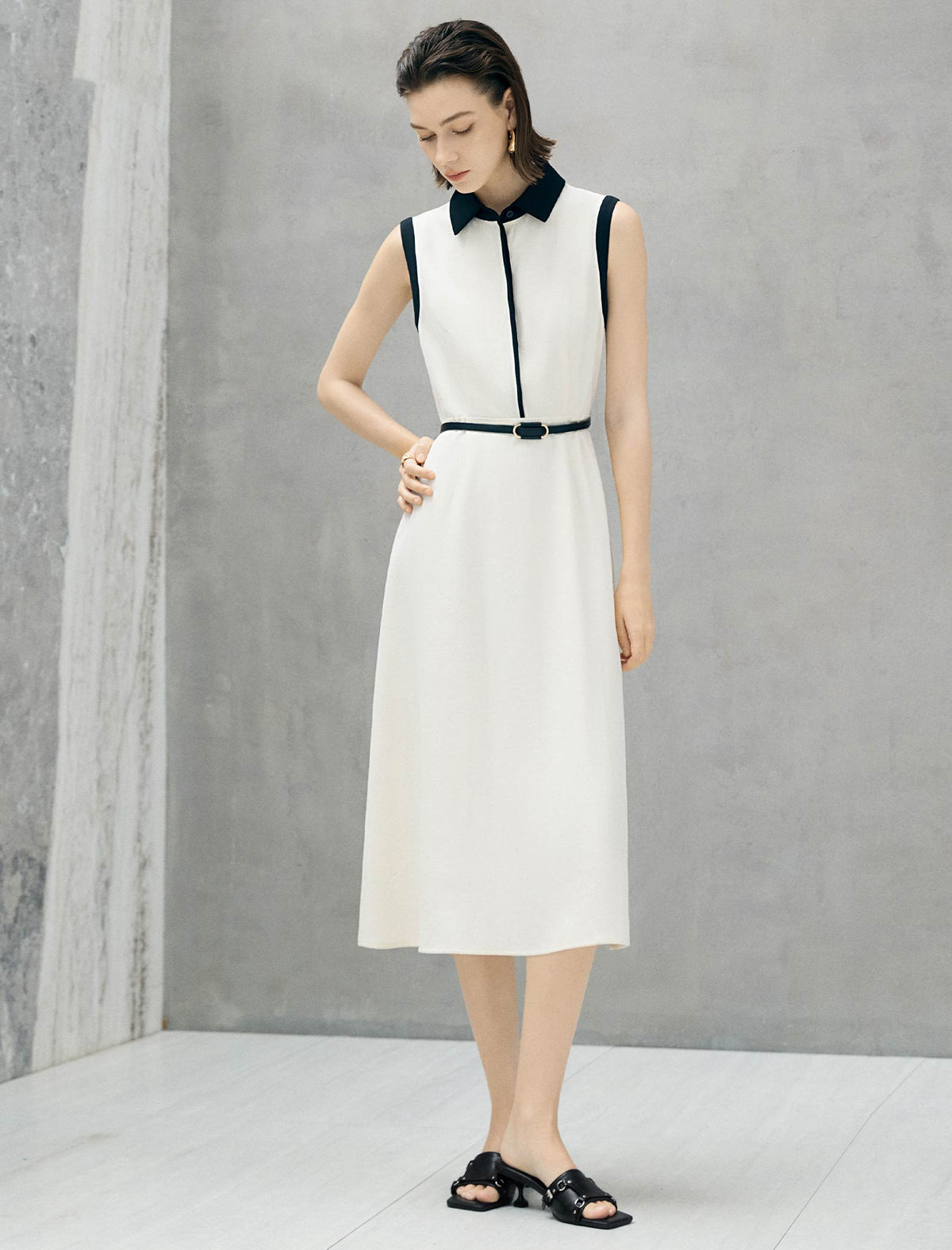 Contrast Collar Belted Midi Shirt Dress