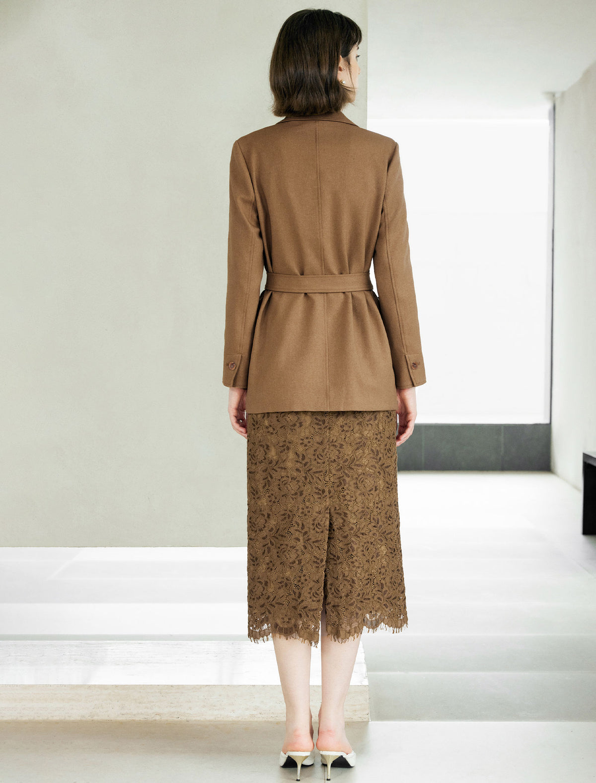 Camel Belted Notched-Lapel Blazer