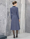 Geometric Plaid Bow Tie Long Sleeve A-Line Dress