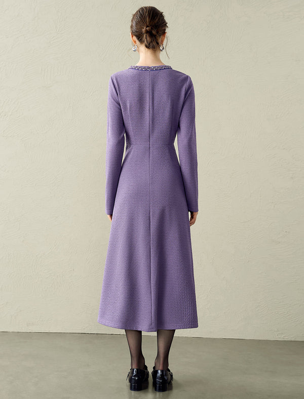 Lavender Beaded Neckline Twist Detail Midi Dress