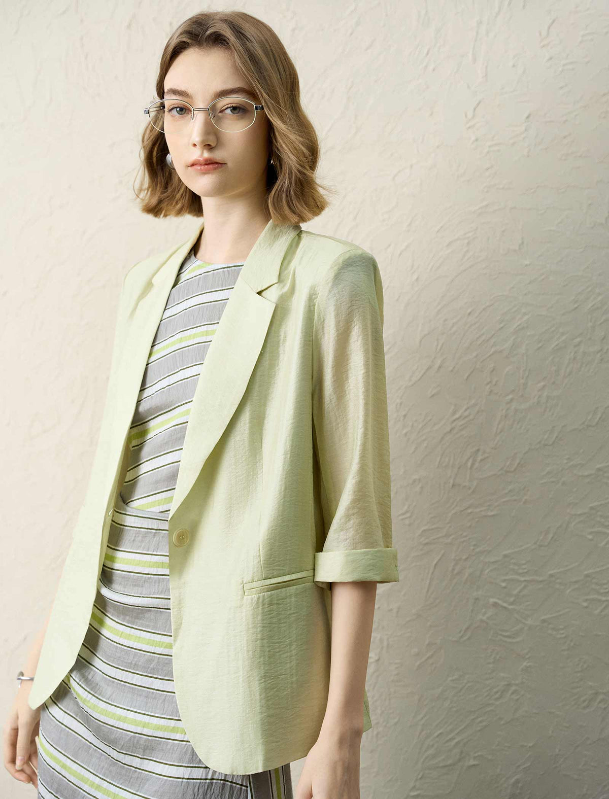 Light Green Sheer 3/4 Sleeve Blazer
