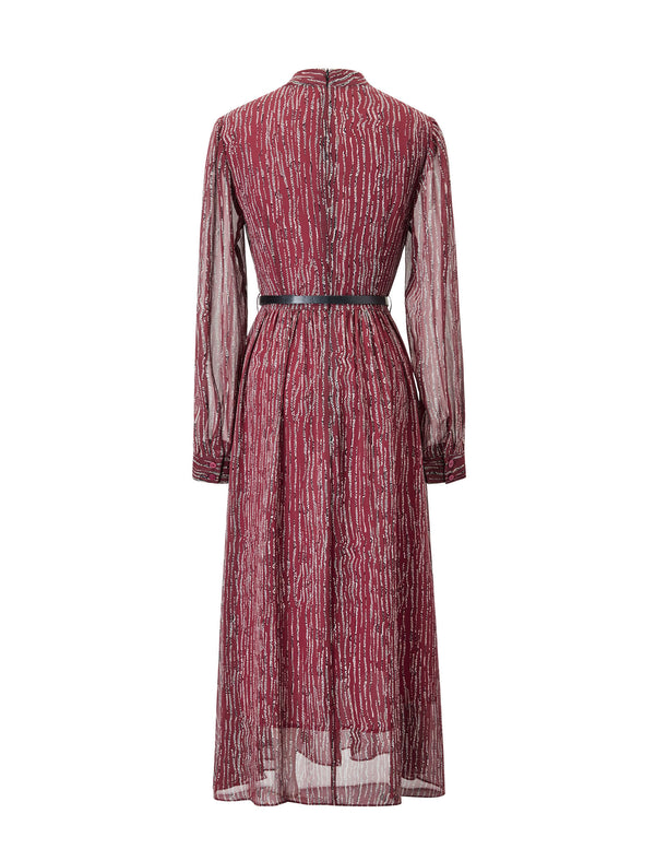 Tie-Neck Striped Print Midi Dress