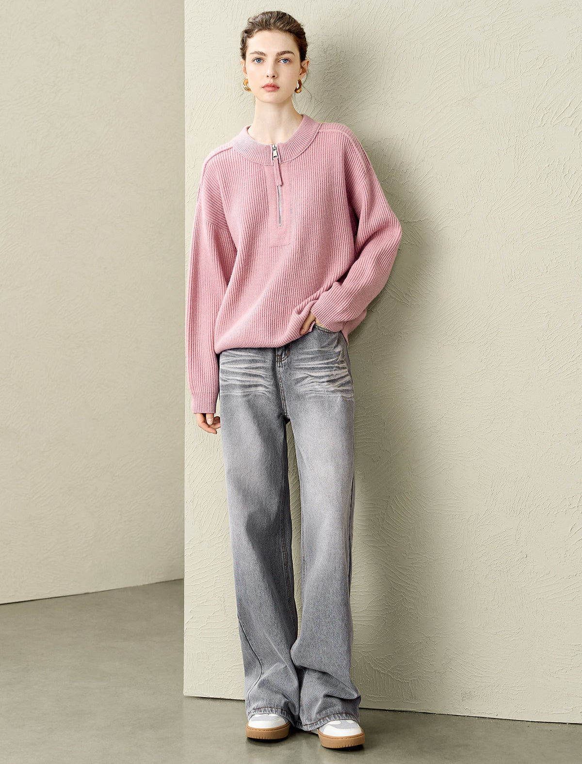 Half-Zip 100% Wool Ribbed Sweater