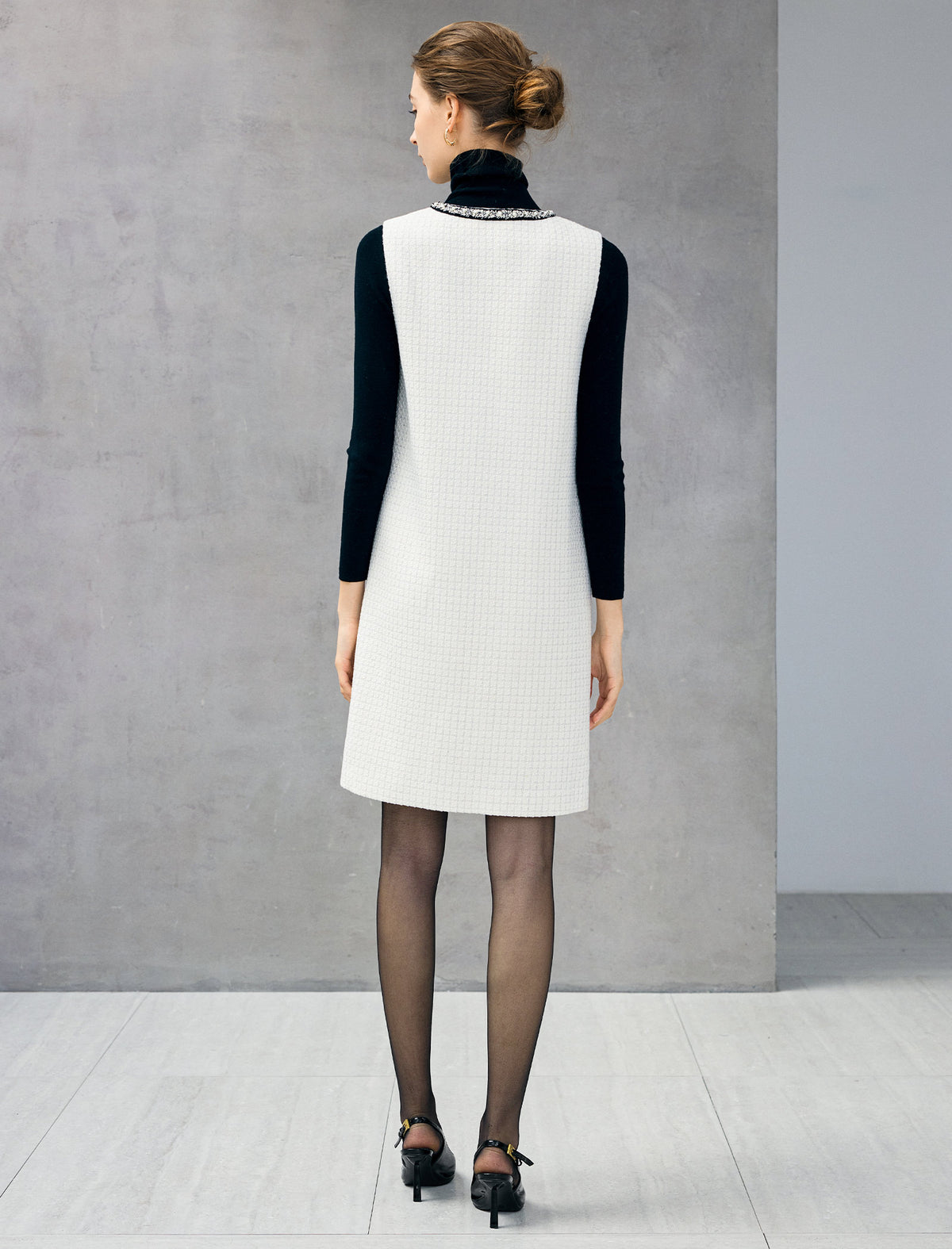 Wool Blend Braided-Trim V-Neck Pocket Sleeveless Dress