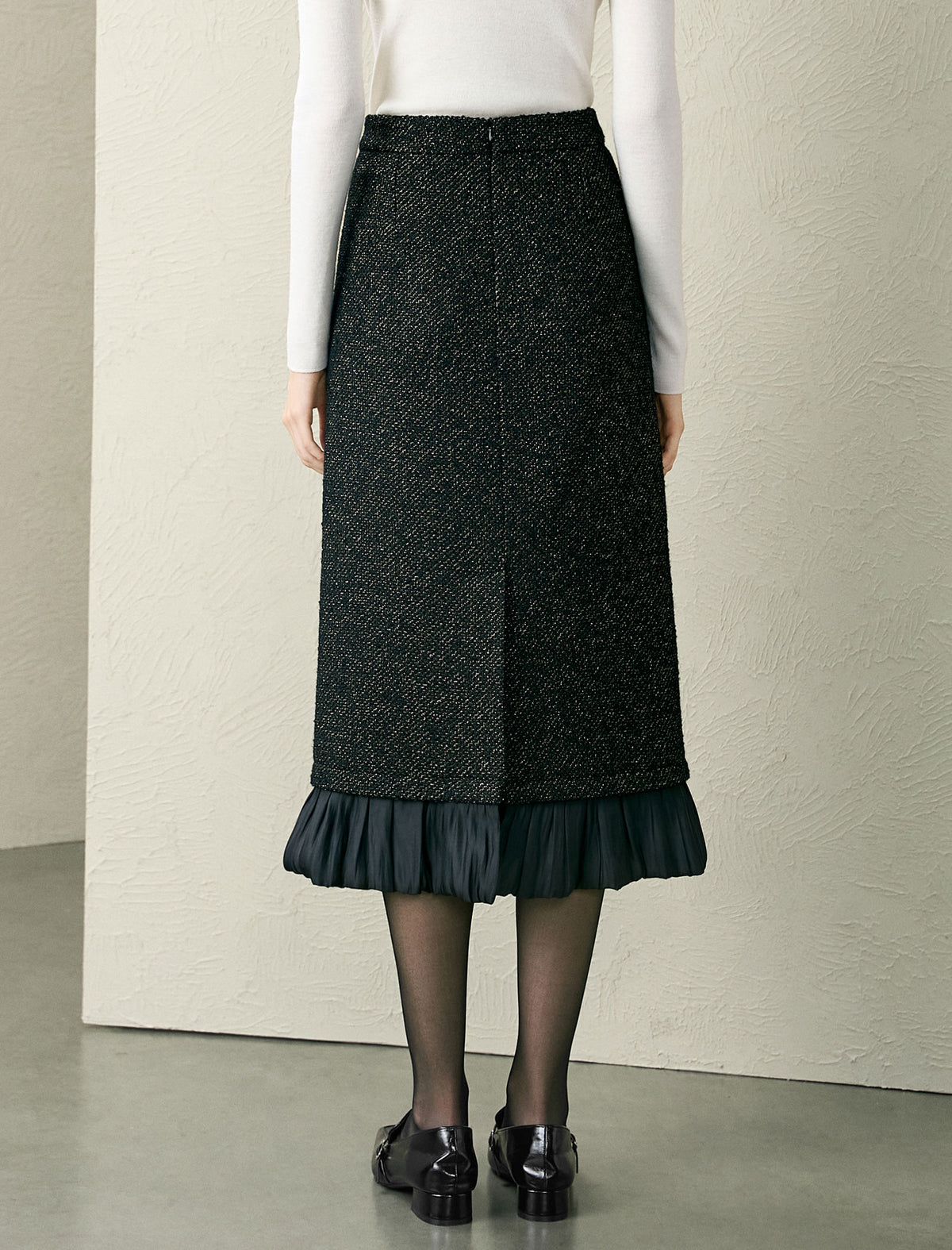 Black Tweed Wool-Blend Ruffle Hem Midi Skirt