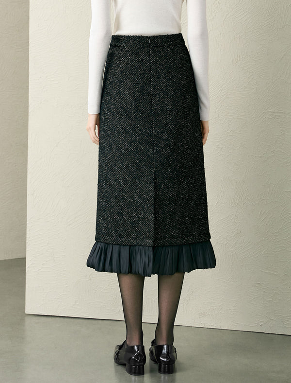Black Tweed Wool-Blend Ruffle Hem Midi Skirt