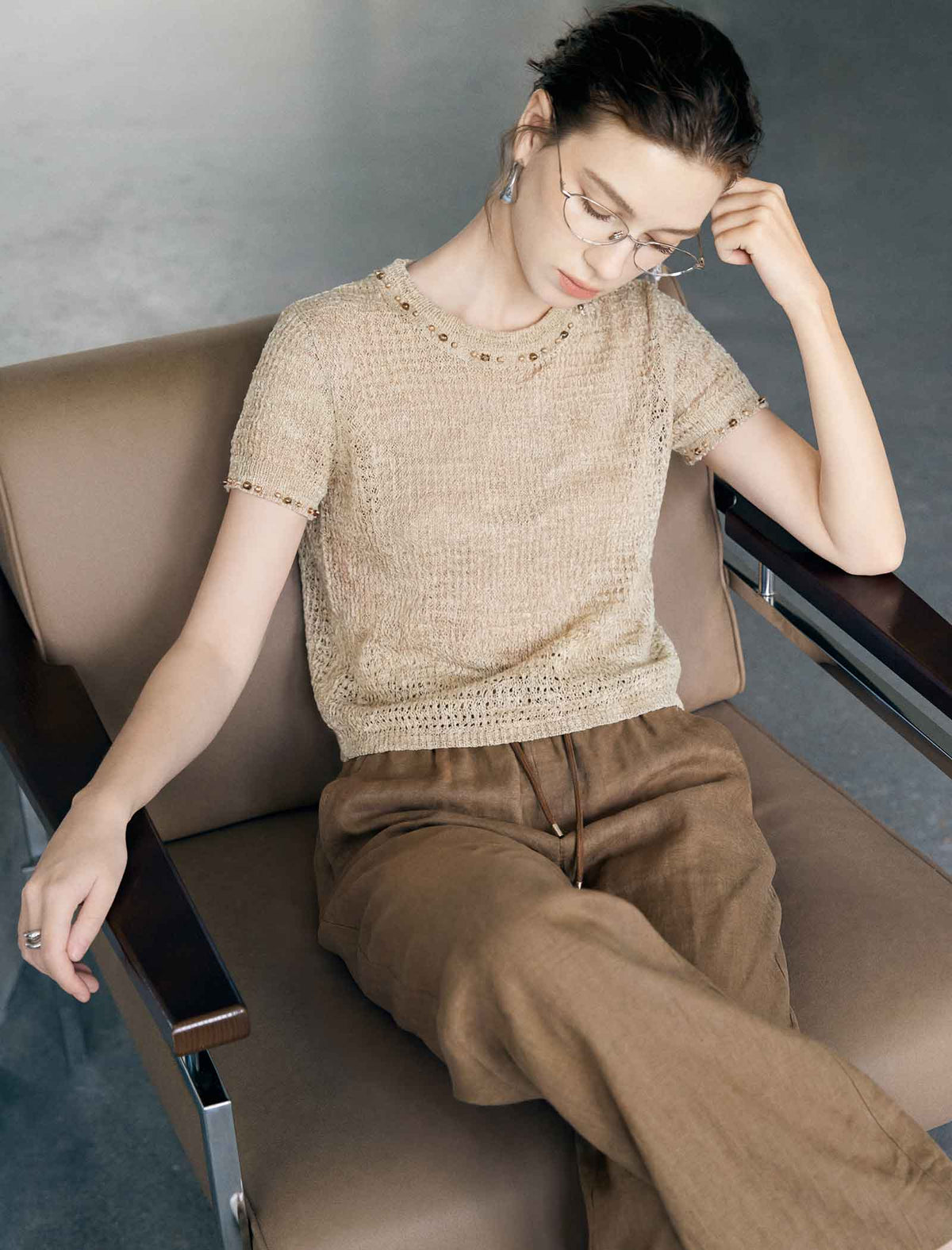 Beaded Open-Knit Short Sleeve Knit Top