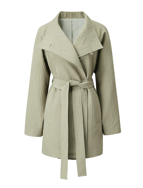 Textured Stand Collar Mid-Length Minimalist Trench Coat