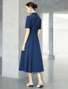 Navy Blue Linen Blend Belted Shirt Midi Dress