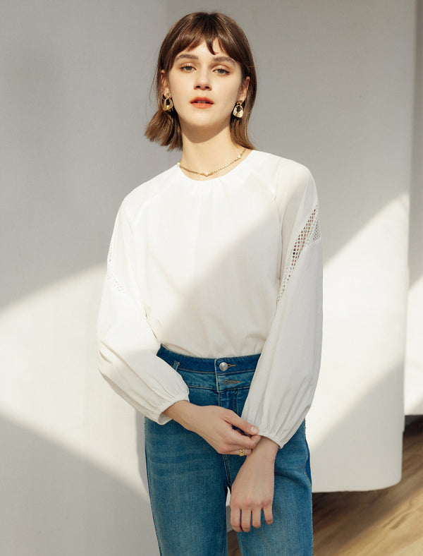 Mesh Detail Round Neck Puff Sleeve Blouse