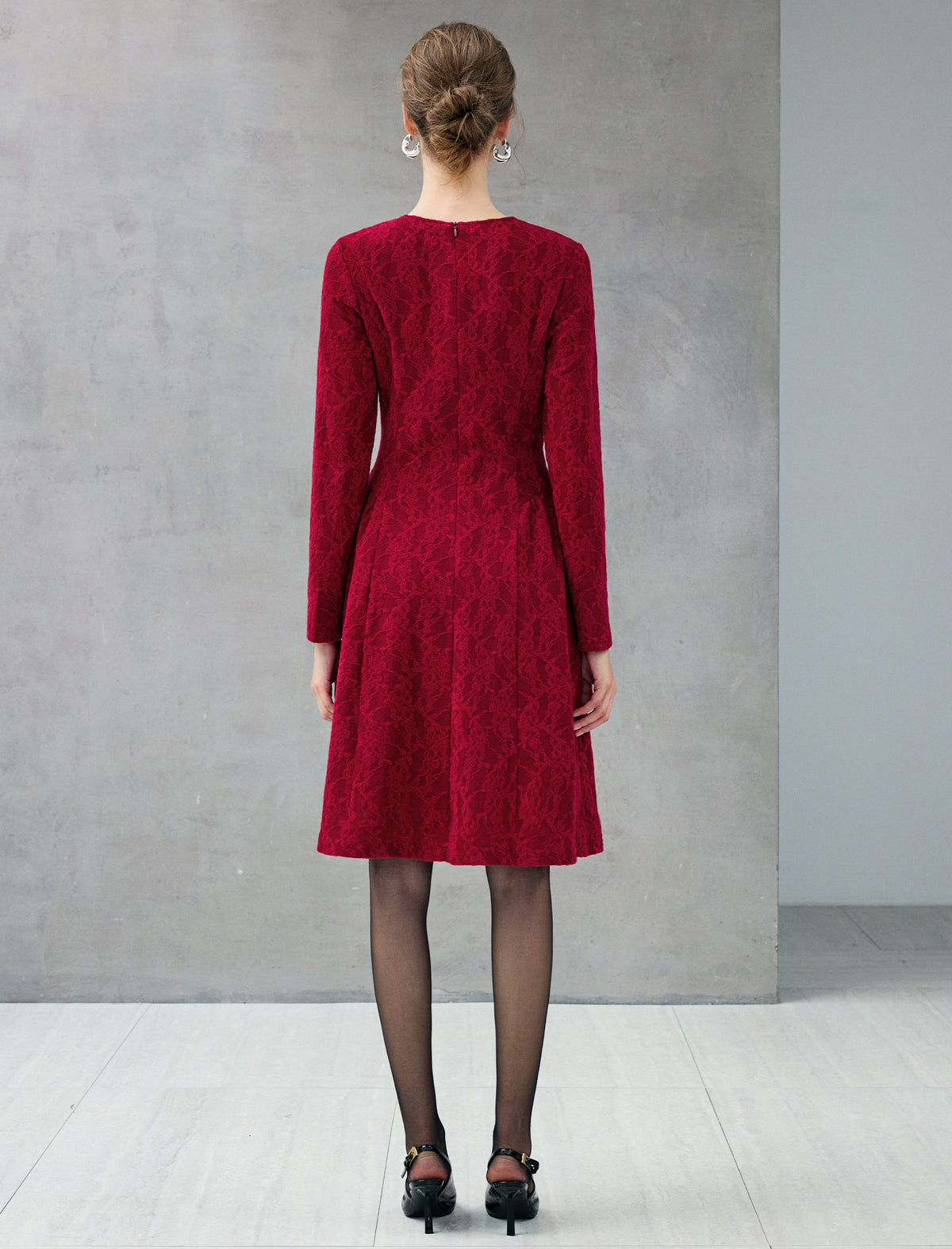 Beaded Lace Crewneck Long Sleeve A-Line Dress