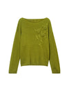 Wool Blend Floral Applique Boatneck Relaxed Sweater