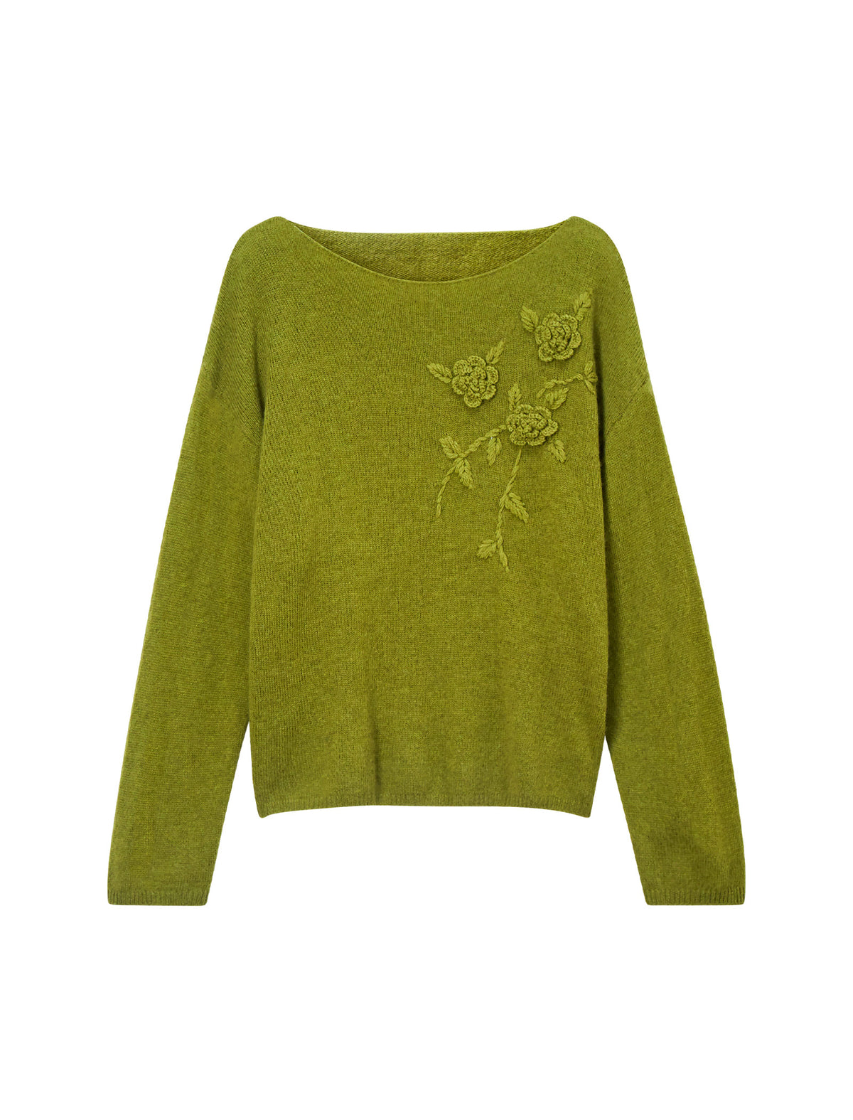 Wool Blend Floral Applique Boatneck Relaxed Sweater
