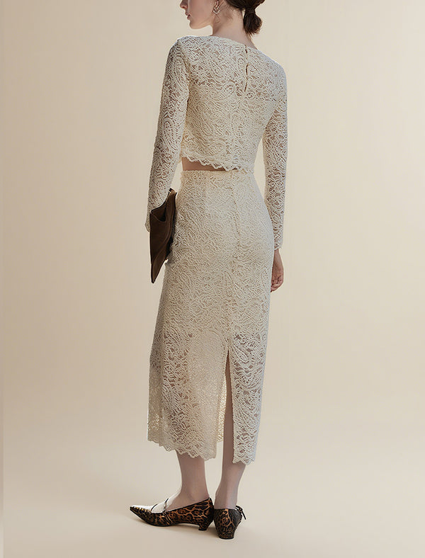 Cream Lace Back Slit Midi Skirt
