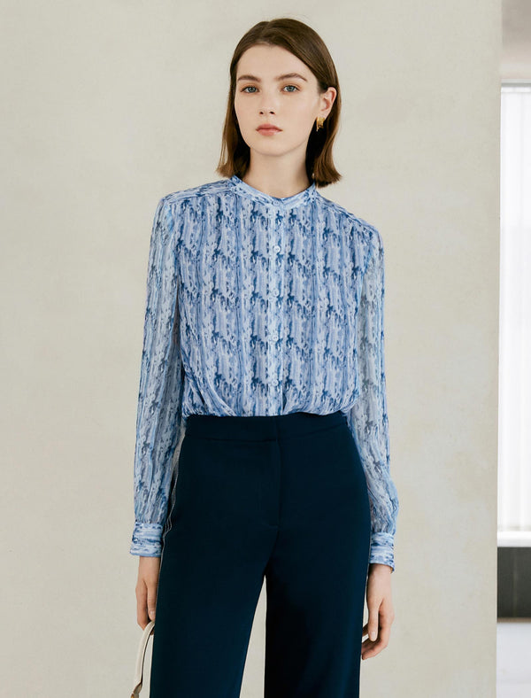 Blue Floral Stand Collar Chiffon Long-Sleeve Blouse