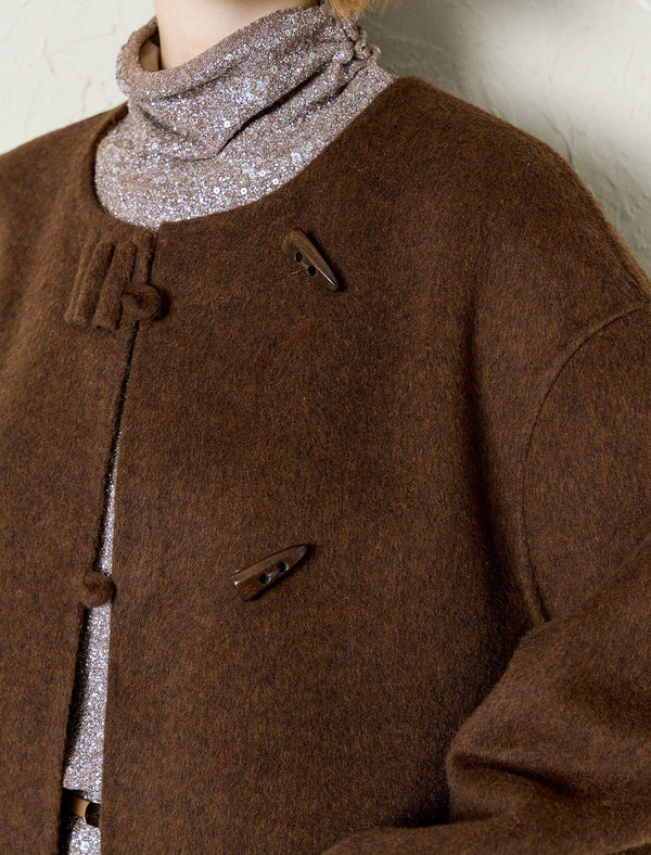 Wool-Tencel Blend Removable Knit Hooded Scarf Long Coat