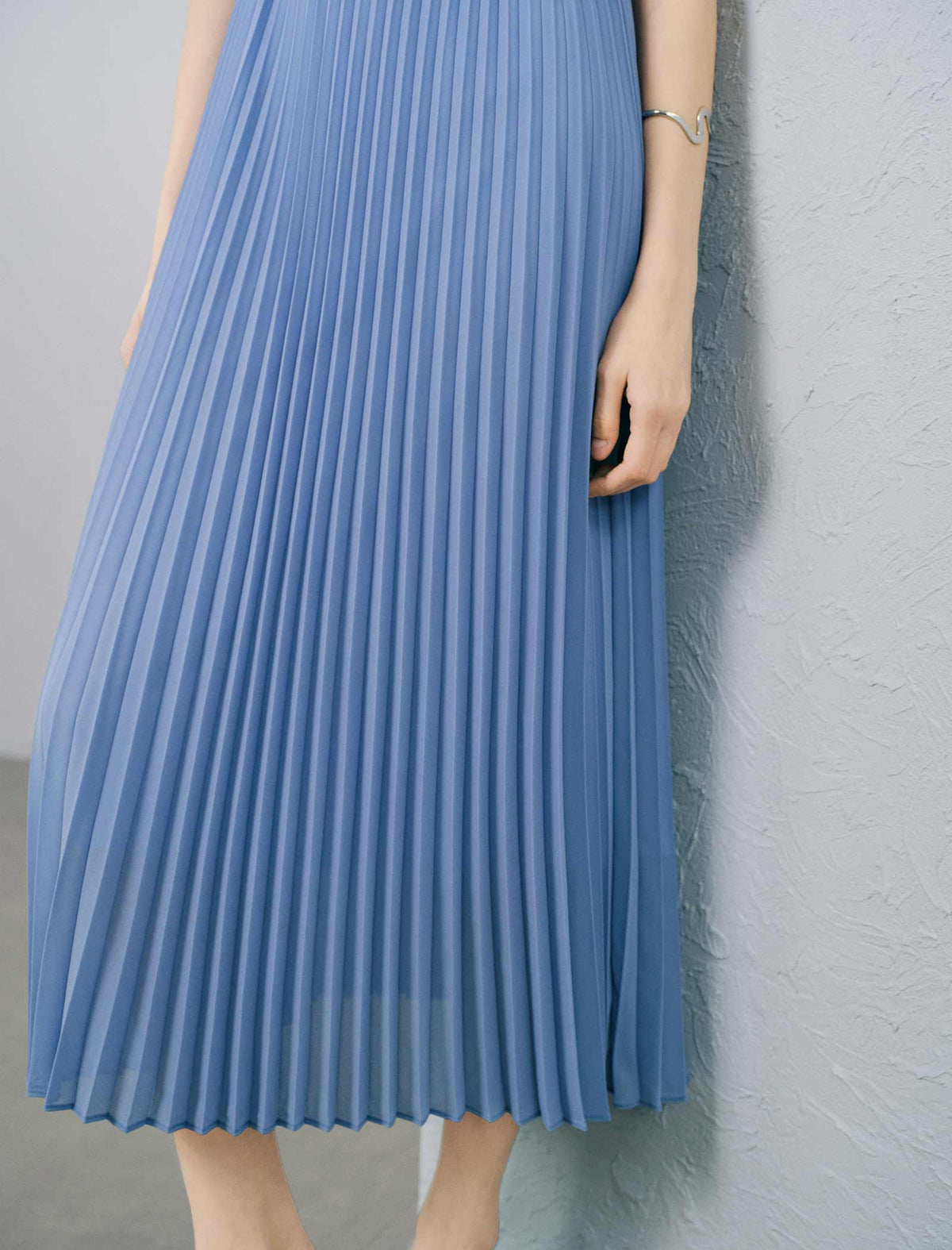 Light Blue Lace-Trimmed Pleated Cami Midi Dress