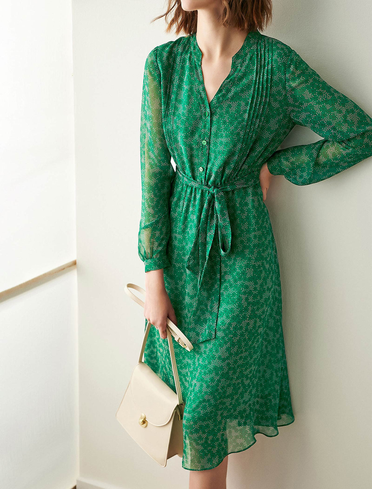 Ditsy Print V Neck Midi Dress