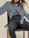 100% Mulberry Silk Houndstooth Tie-Neck Blouse