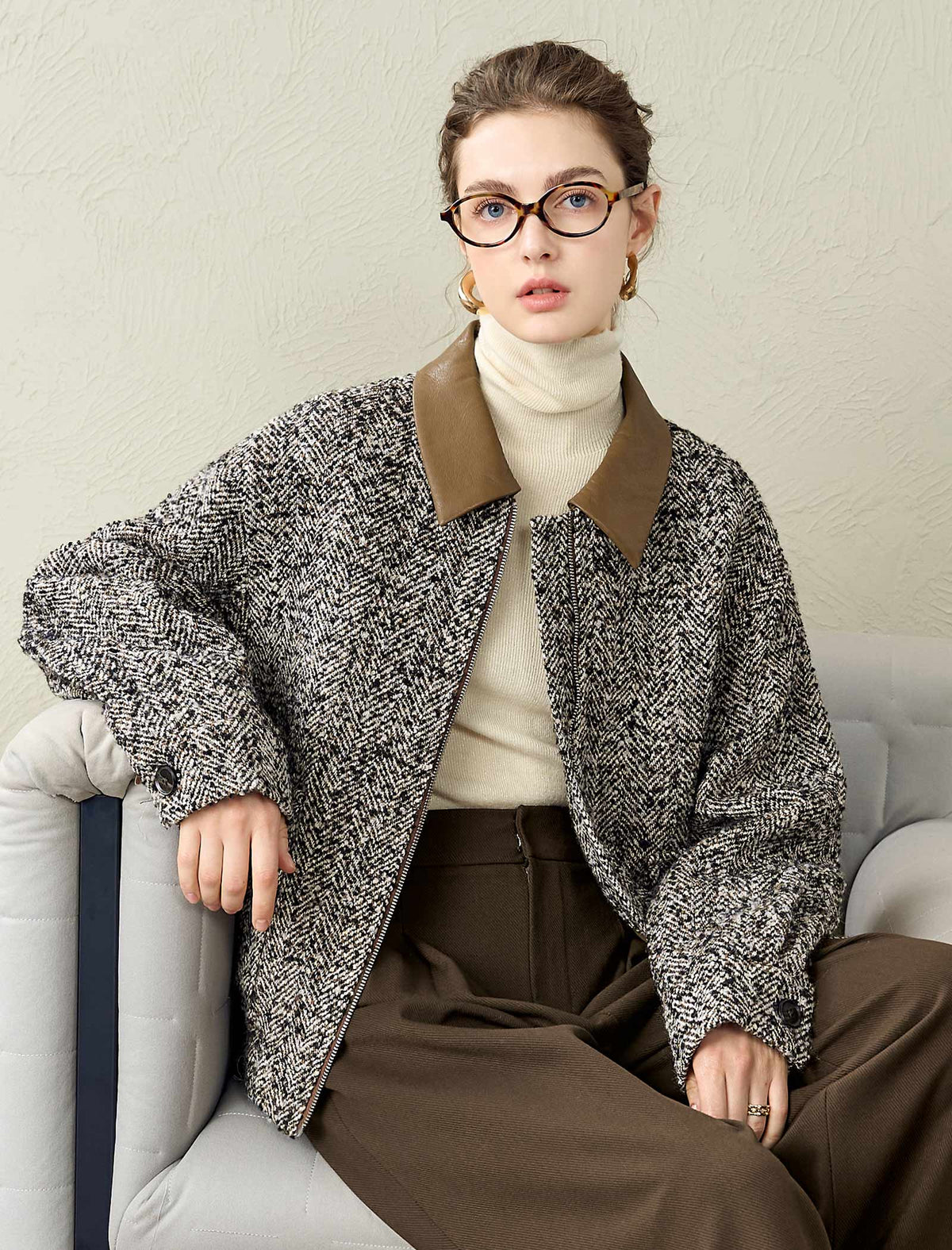 Tweed Wool-Blend Leather Collar Jacket