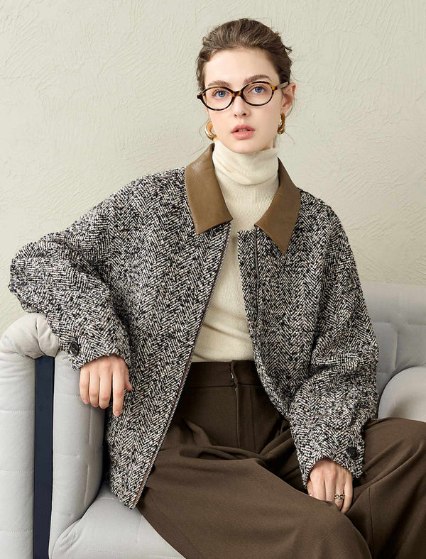 Tweed Wool-Blend Leather Collar Jacket