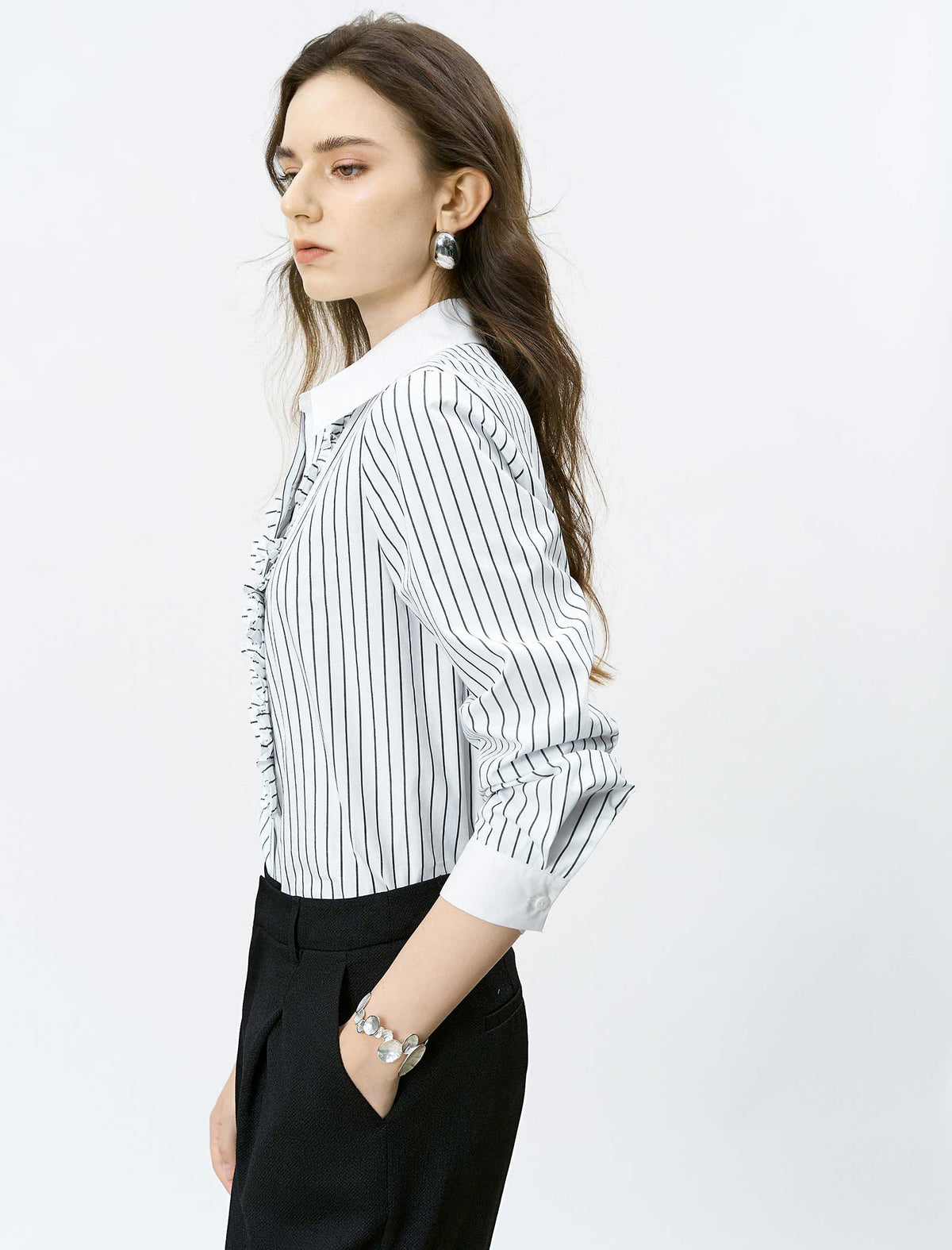 Stripe Ruffle Front Cotton Shirt