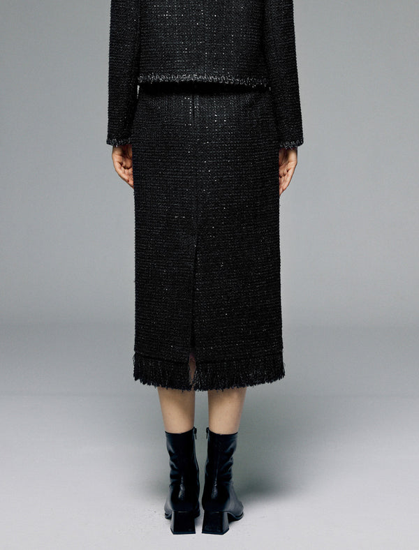 Black Slim Fit Wool Midi Pencil Skirt