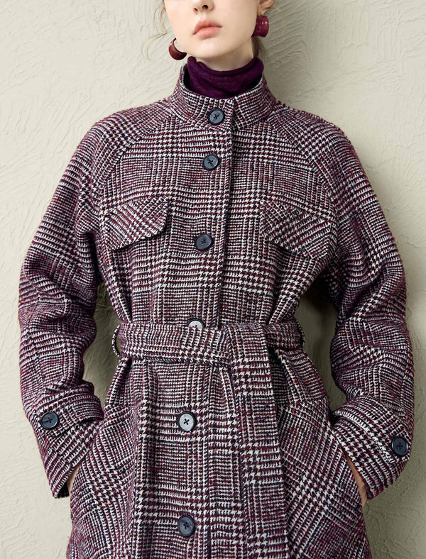 Classic Plaid Wool-Blend Stand Collar Coat