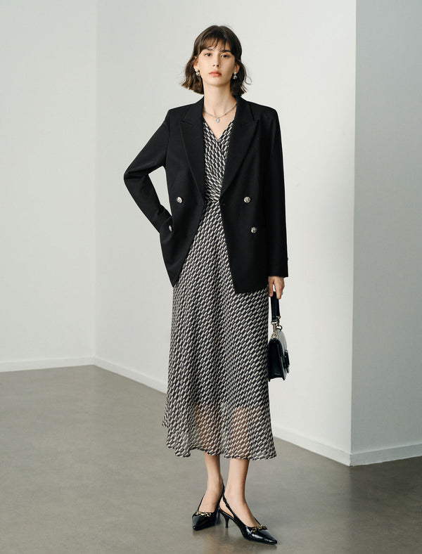 Checkered Wrap V-Neck Midi Dress