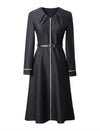 V-Neck Long Sleeve Belted Streamlined Midi Dress