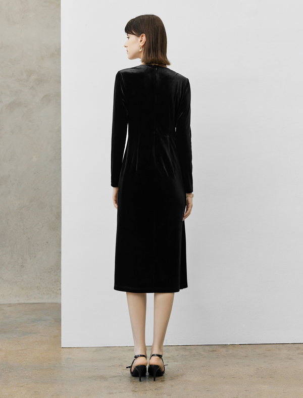 Black Velvet Irregular Hem Long Sleeve Midi Dress